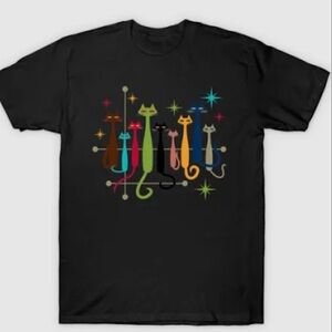 Source Unknown Black Tee with Multicolor Retro Cat Graphic